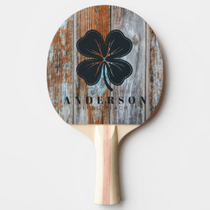 Worn Blue Wash Wood Four Leaf Clover with Name Ping Pong Paddle