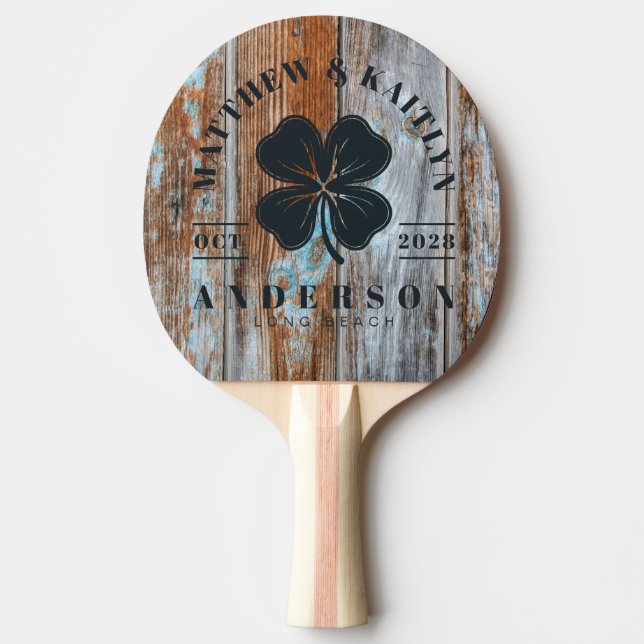 Worn Blue Wash Wood Irish Clover Wedding Crest Ping Pong Paddle (Front)
