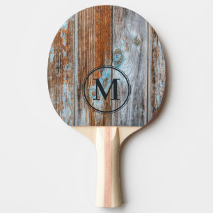 Worn Blue Wash Wood Monogram Ping Pong Paddle