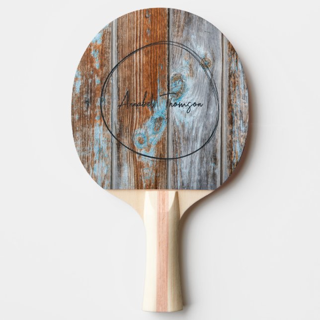 Worn Blue Wash Wood Name in Drawn Circle  Ping Pong Paddle (Front)