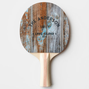 Worn Blue Wash Wood Vintage Seaside Family Name Ping Pong Paddle