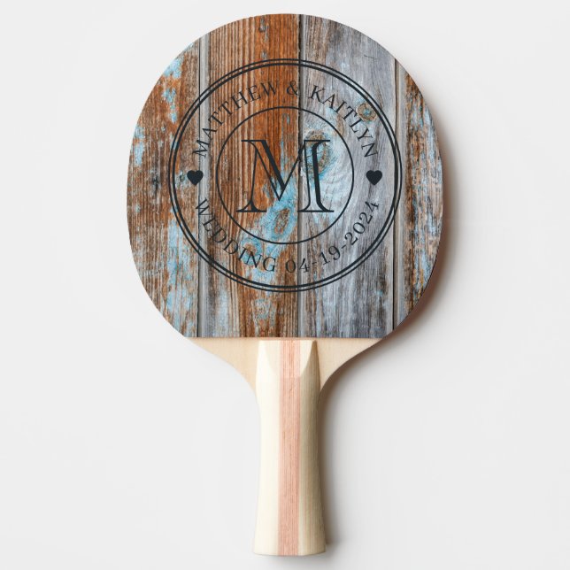 Worn Blue Wash Wood Wedding Monogram Heart Ping Pong Paddle (Front)