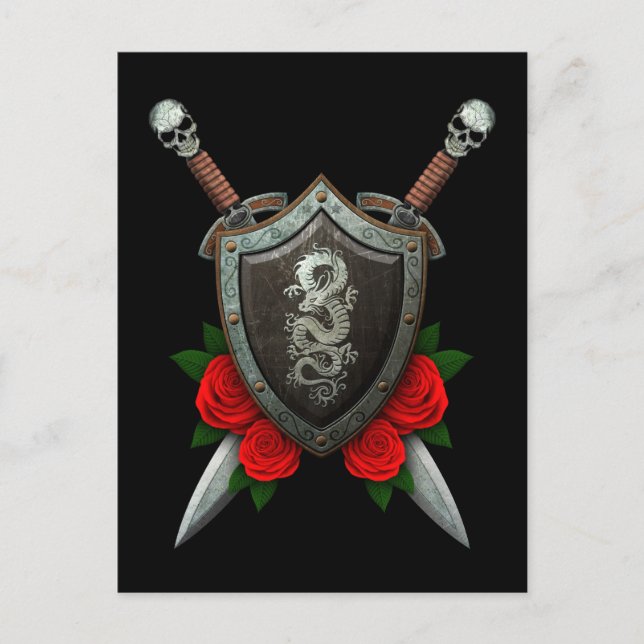 Worn Chinese Dragon Shield and Swords with Roses Postcard (Front)