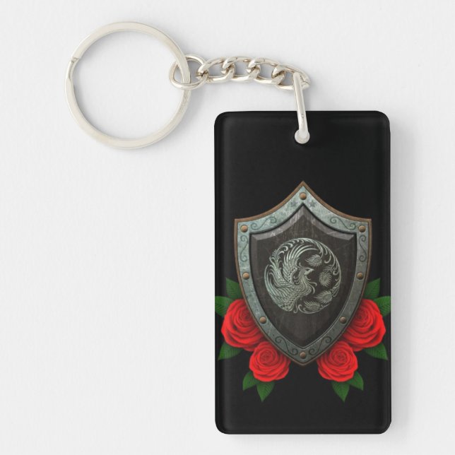 Worn Circular Phoenx Shield with Red Roses Key Ring (Front)
