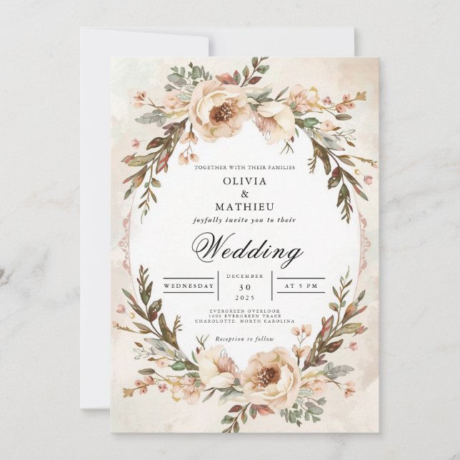 Worn Cream Floral Archway Wedding Invitation (Front)