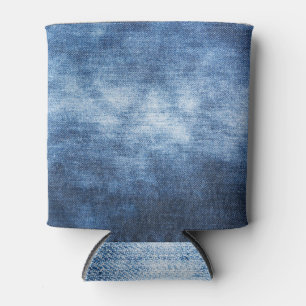 Worn denim fabric, textured background. can cooler