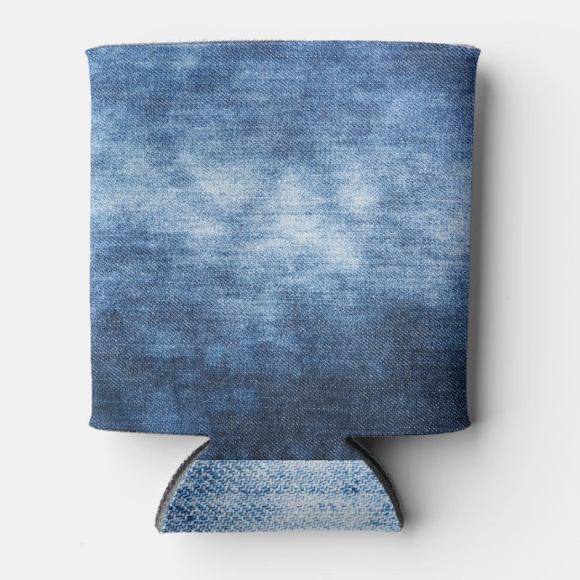 Worn denim fabric, textured background. can cooler (Front)