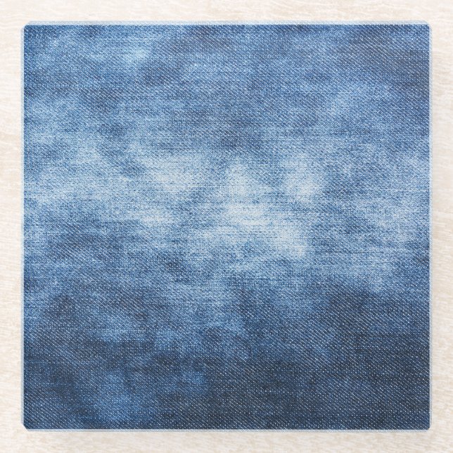 Worn denim fabric, textured background. glass coaster (Front)
