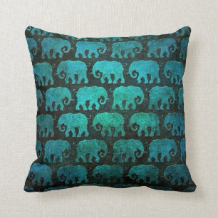 Worn Elephant Silhouettes Pattern, blue Cushion