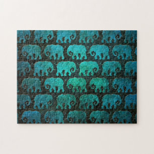 Worn Elephant Silhouettes Pattern, blue Jigsaw Puzzle