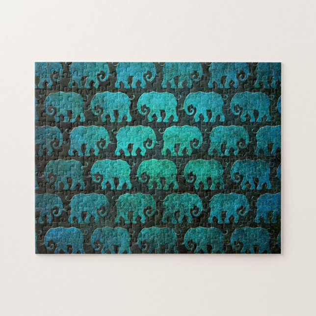 Worn Elephant Silhouettes Pattern, blue Jigsaw Puzzle (Horizontal)