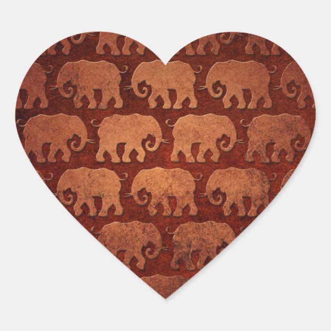 Worn Elephant Silhouettes Pattern, reddish brown Heart Sticker (Front)