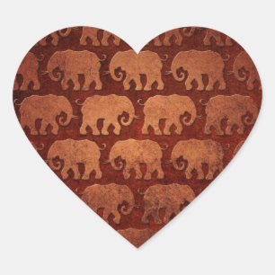 Worn Elephant Silhouettes Pattern, reddish brown Heart Sticker