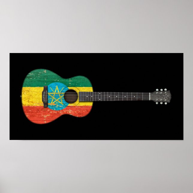 Worn Ethiopian Flag Acoustic Guitar, black Poster (Front)