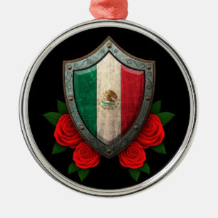Worn Mexican Flag Shield with Red Roses Metal Ornament