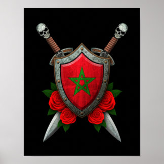 Worn Moroccan Flag Shield and Swords with Roses Poster