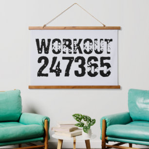 Worn out and scratched text Workout 247365 black Hanging Tapestry