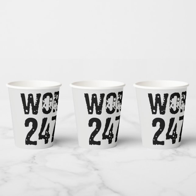 Worn out and scratched text Workout 247365 black Paper Cups (Multi)