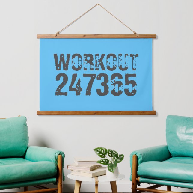 Worn out and scratched text Workout 247365 blue  Hanging Tapestry (Living Room)