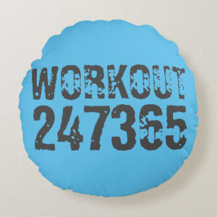 Worn out and scratched text Workout 247365 blue Round Cushion