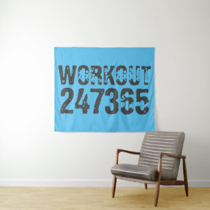 Worn out and scratched text Workout 247365 blue Tapestry