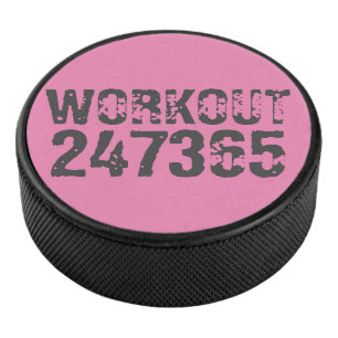 Worn out and scratched text Workout 247365 pink Hockey Puck