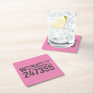 Worn out and scratched text Workout 247365 pink Square Paper Coaster
