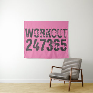 Worn out and scratched text Workout 247365 pink Tapestry