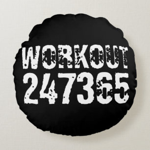 Worn out and scratched text Workout 247365 white Round Cushion