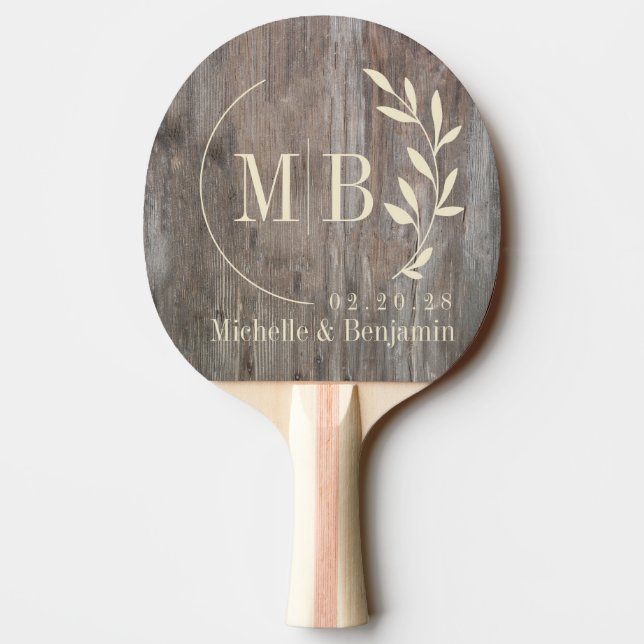 Worn Planks Leaf Wedding Monogram Ping Pong Paddle (Back)