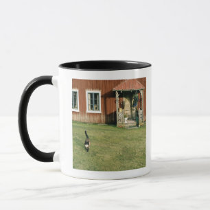 Worn red house with a cat on the lawn. mug