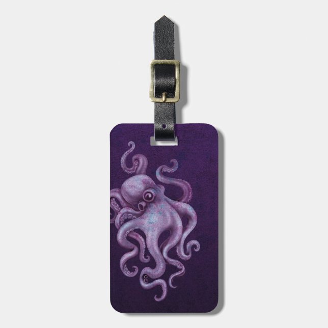 Worn Vintage Octopus Illustration - Purple Luggage Tag (Front Vertical)