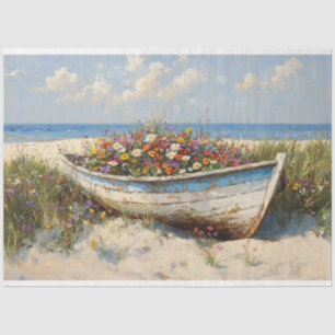 Worn Wood Boat with Wildflowers Decoupage Tissue Paper