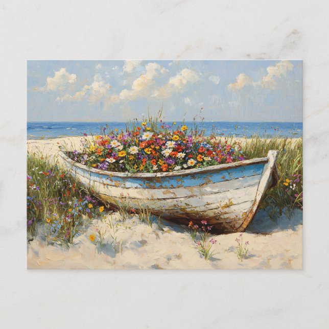 Worn Wood Boat with Wildflowers Postcard (Front)