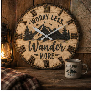 Worry Less Wander More Rustic Mountain Cabin Large Clock