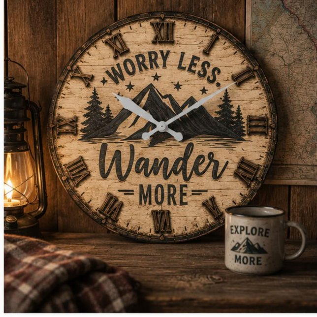 Worry Less Wander More Rustic Mountain Cabin Large Clock (Creator Uploaded)