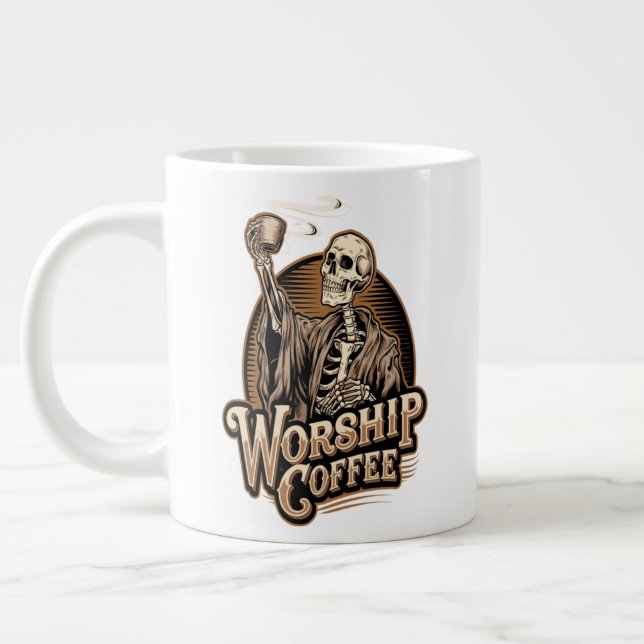 Worship Coffee Skeleton Funny Large Coffee Mug (Left)