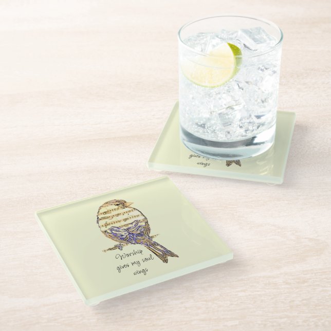 Worship gives my soul wings Sparrow Bird Glass Coaster (Angled)