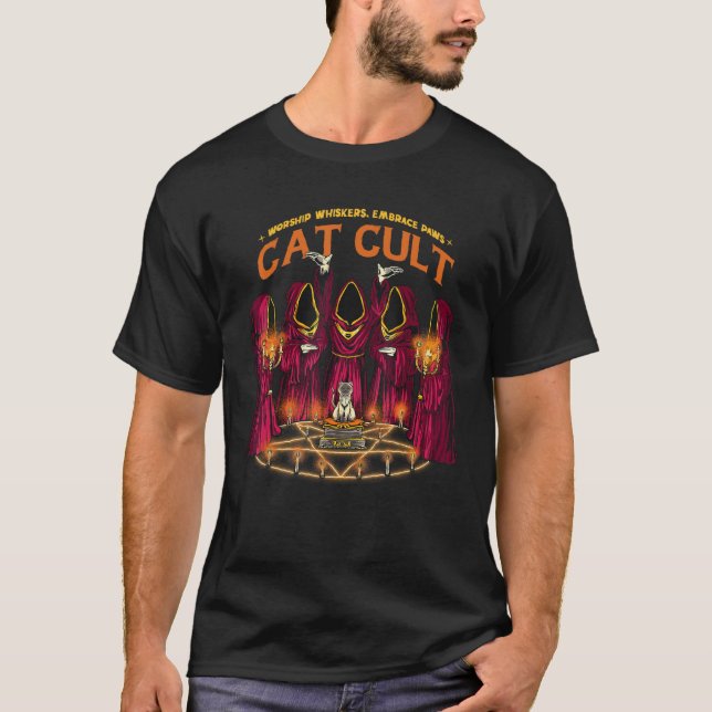 Worship Whiskers Embrace Paws Cat Cult Occult Pun T-Shirt (Front)