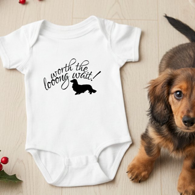 Worth the Long Wait Dachshund Newborn Gift Baby Bo Bodysuit (Long hair wiener dog sibling - worth the long wait!)