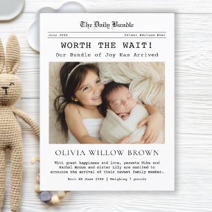 Worth the Wait, Newspaper Birth Announcement Postcard