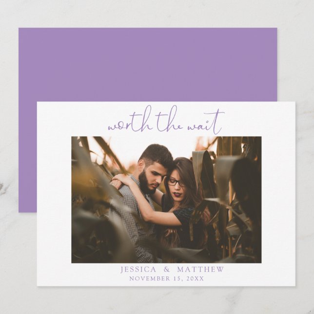 Worth the Wait Wedding Photo Script Modern Purple Save The Date (Front/Back)