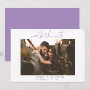 Worth the Wait Wedding Photo Script Modern Purple Save The Date