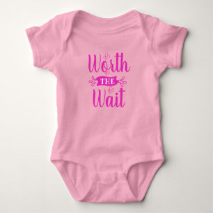 Worth The Wait, with Hearts, Purple Pink on Pink Baby Bodysuit