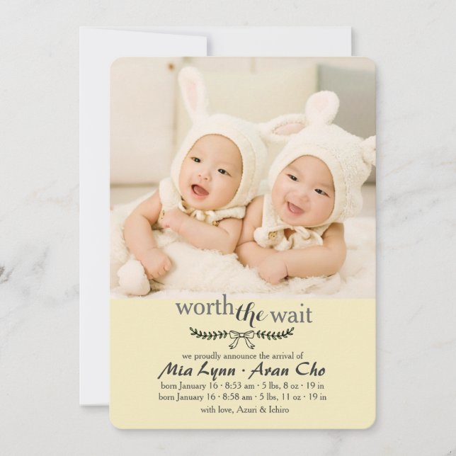 Worth The Wait Yellow Photo Birth Announcement (Front)