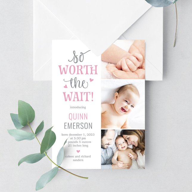 Worth Waiting Baby Photo Birth Announcement (Creator Uploaded)
