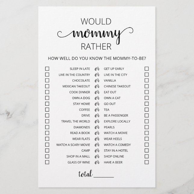 Would Mummy Rather Baby Shower Game (Front)
