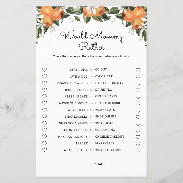 Would Mummy Rather Cutie Baby Shower Game Cards (Front)