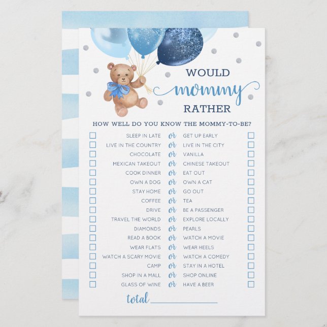 Would Mummy Rather Game Baby Shower Teddy Bear (Front/Back)