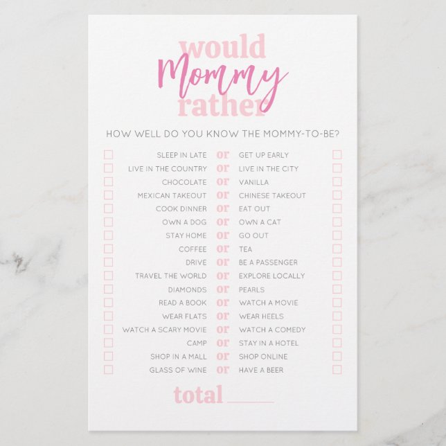 Would Mummy Rather Pink Baby Shower Game (Front)